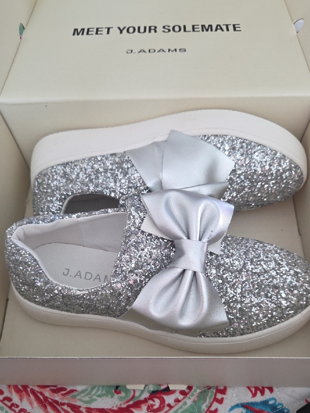 J. Adams Silver Glitter Slip-On Sneakers with Bow